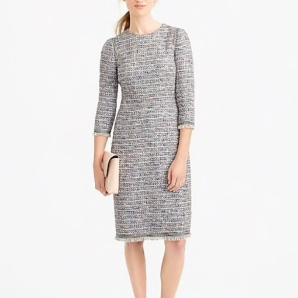 J.Crew Multi-Color Tweed Sheath Dress - Fringed Trim - Size 0 - Classic Professi